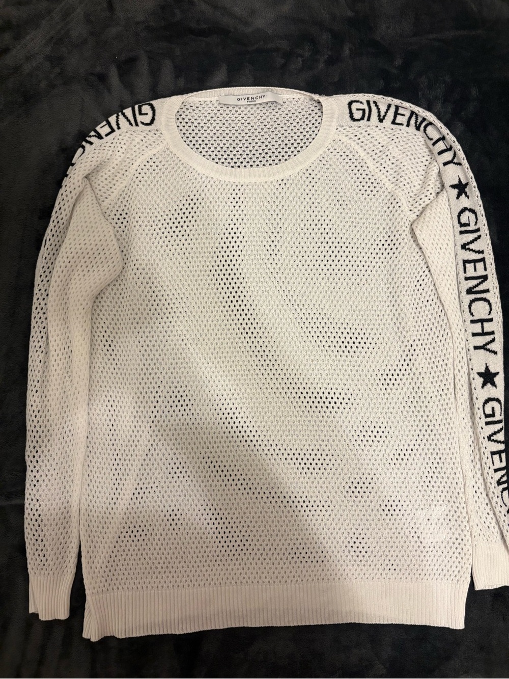 Givenchy White Open-Knit Crewneck Sweater with Black Logo Trim